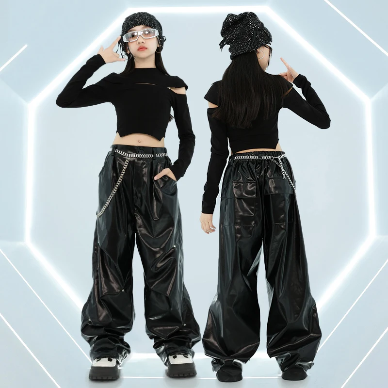 

2024 New Jazz Dance Performance Costumes For Girls Black Crop Tops Black Leather Pants Streetwear Kids Hip Hop Clothes DQS17656