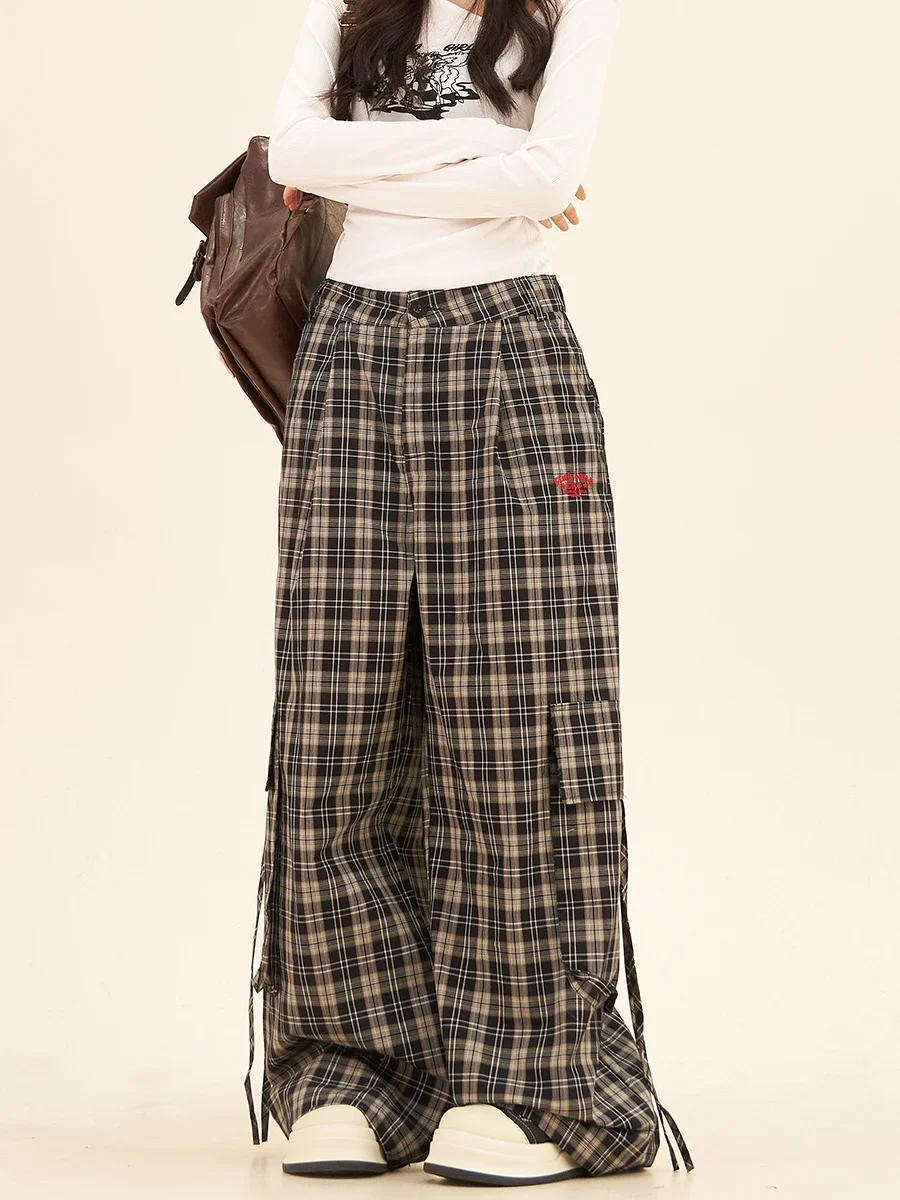 Gradual Change Plaid Drawstring Large Pocket Casual Pants Women's 2024 Autumn New American Lazy Wide Legs