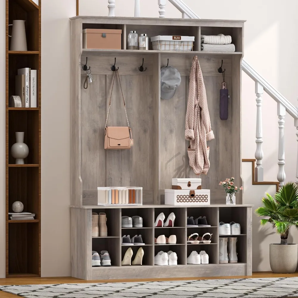 

Entryway Hall Tree with Bench and Shoe Storage, 53" Farmhouse 4-in-1 Mudroom Storage Organizer with Coat Rack, 6 Double Hooks