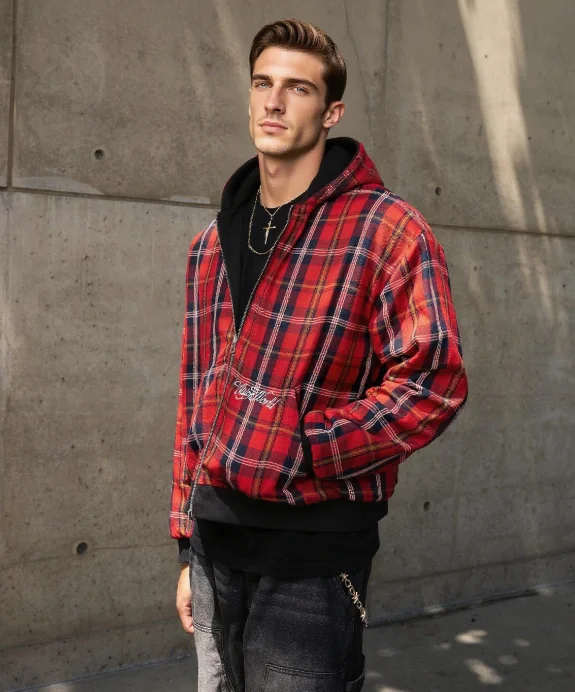 Spring and Autumn New American Trendy Brand Double Sided Stand Up Hoodie, Cardigan, Casual Workwear, Plaid Jacket