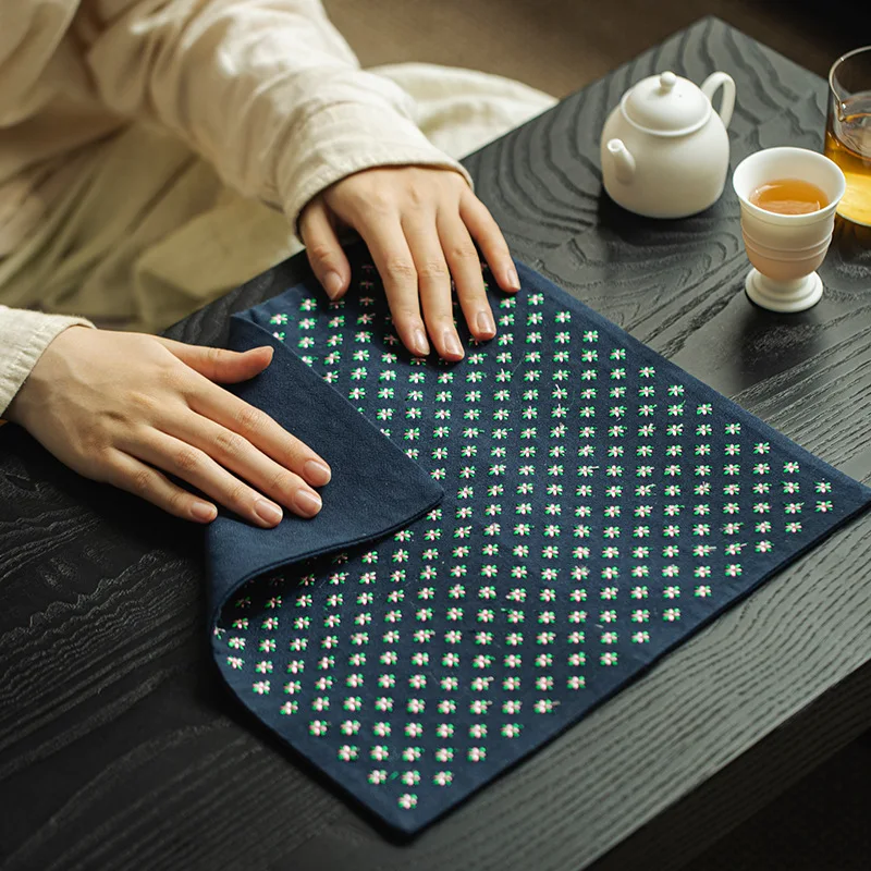 Hand Embroidered Thick Cotton Linen Tea Mat Dry Brew Gongfu Tea Table Runner Heat Resistant Placemat Home Tea Accessory Gift