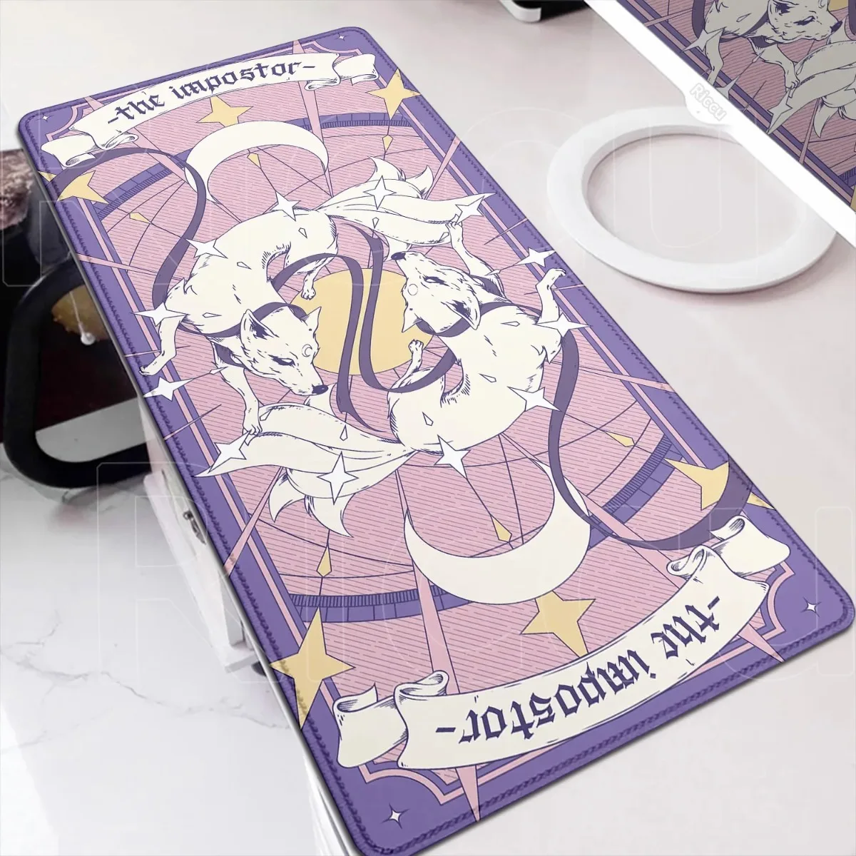 

Удлиненный фиолетовый коврик для мыши с аниме-дизайном лисы, игровой настольный коврик с нескользящей резиновой основой и прошитыми краями, коврик для клавиатуры