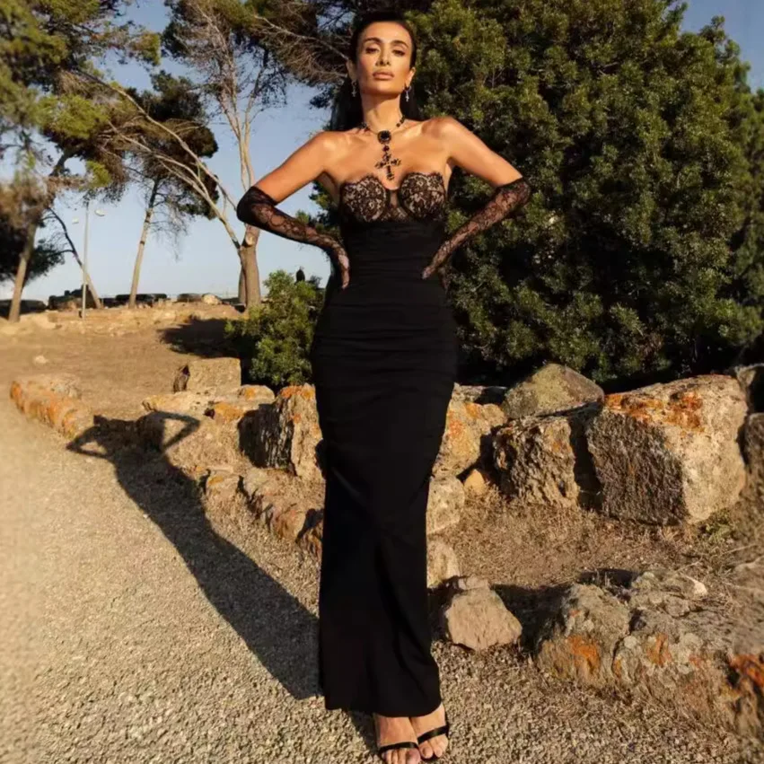 

Summer Fashion Gloves Sexy Black Lace Bandaging Strapless Party Dinner Dress