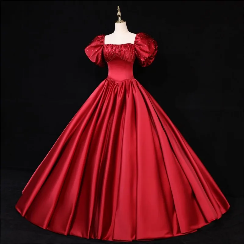 새로운 퍼프 댄스 공연용 새틴 퍼프 소매 드레스