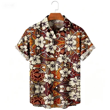 Tropical Floral Vacation Style Short Sleeved Men's Thin Breathable Shirt with Lining