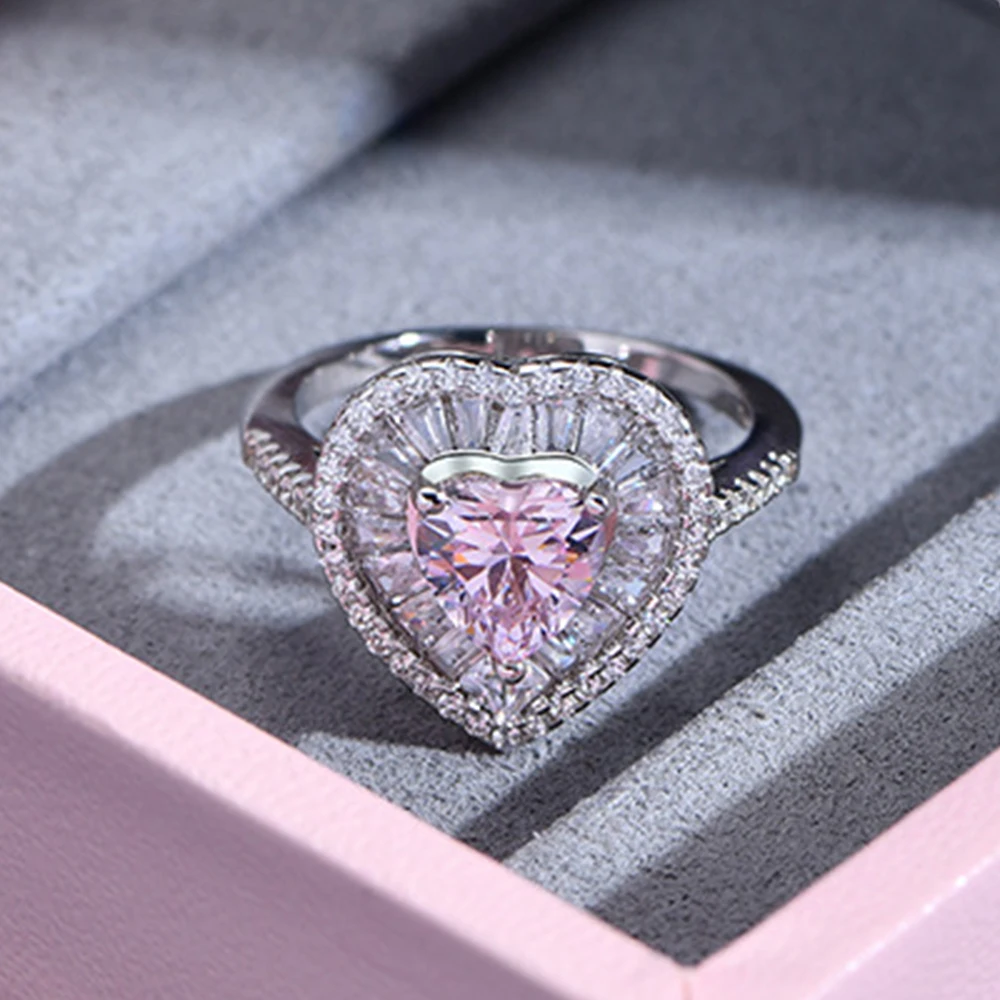 Real S925 Silver Heart Rings Women\'s 7mm High Carbon Diamond Ring Female 5A Zircon Original Design Luxury Jewelry Girl Gift