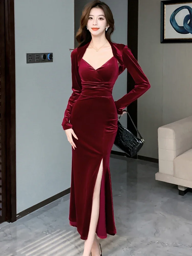 Women Red Velvet Sling Long Dress+Top Shirts Two Piece Sets Autumn Winter Elegant Luxury Dress 2024 Korean Vintage Evening Dress