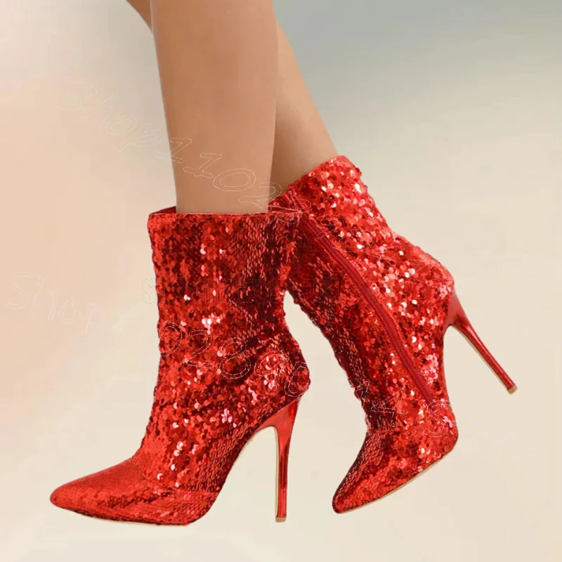 

Red Sequins Design Pointed Toe Mid Calf Boots Side Zipper Women Shoes Thin High Heels New Party Banquet 2024 Zapatos Para Mujere