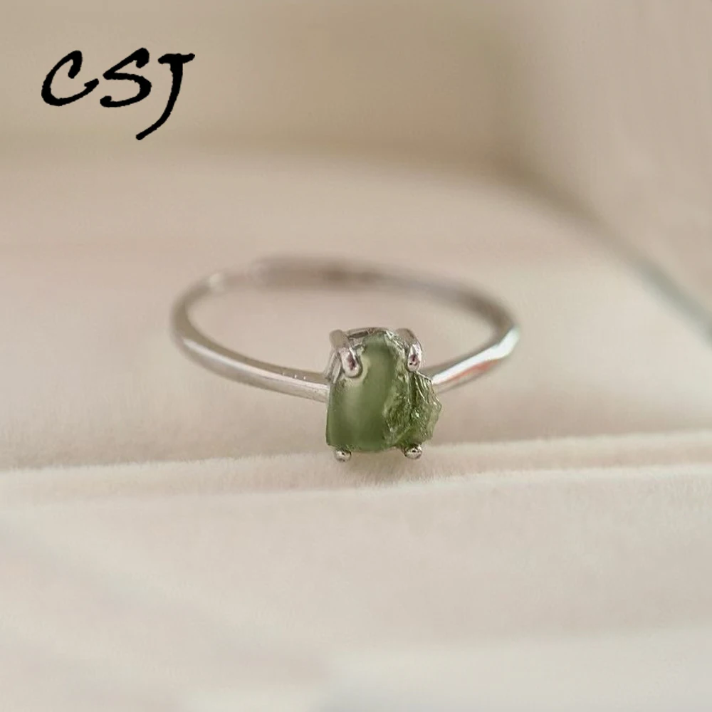 100% Natural Green Czech Moldavite Meteorite Rings Sterling 925 Silver Gemstone Raw Women Lady Wedding Engagment Party Gift Box