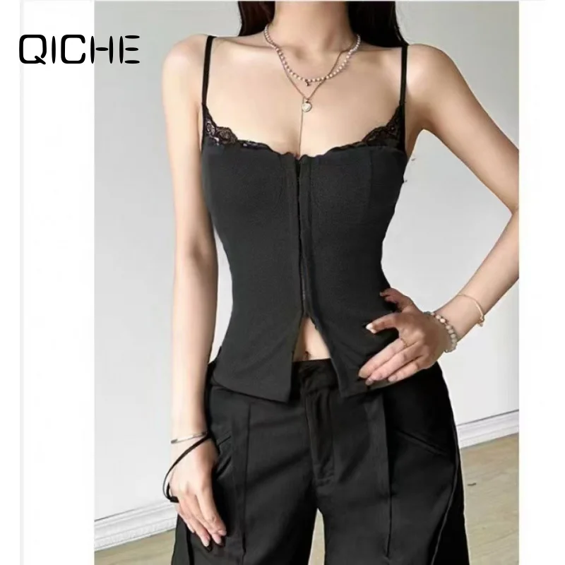 QICHE New Autumn‑Winter Women Niche Cami Top American‑Chic Gray Spliced Slim‑Fit Figure‑Flattering Layering Tank