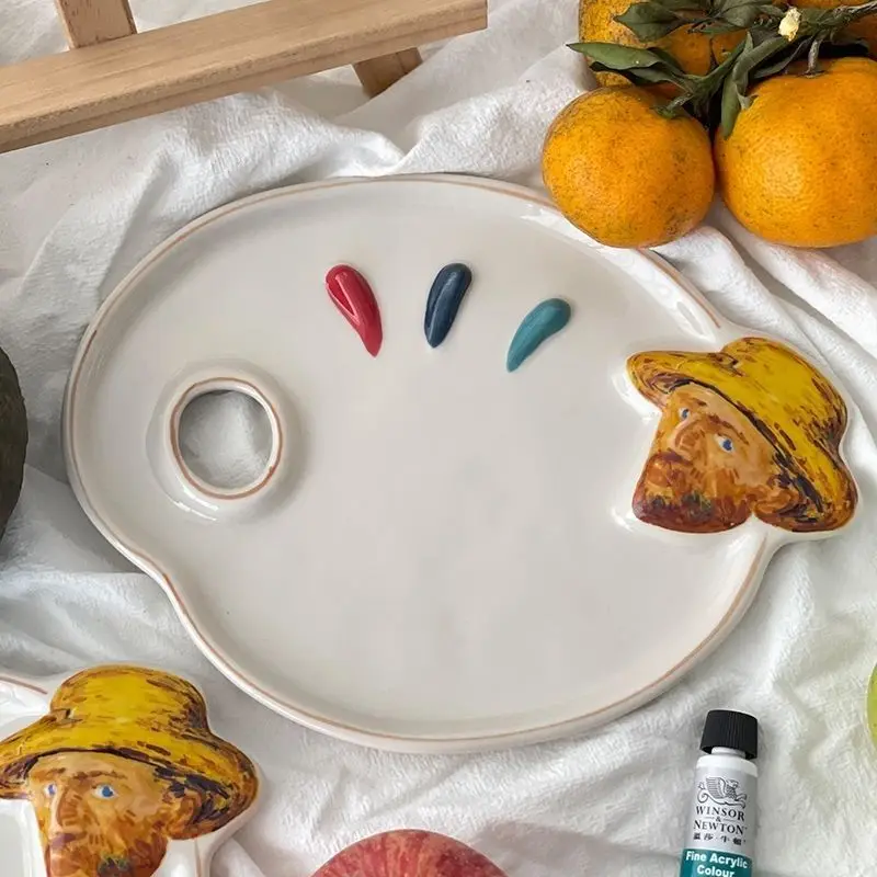 Van Gogh Ceramic Watercolor Palette Watercolor Gouache Chinese Painting Fruit Plate Dessert Dish Ceramic Paint Palette