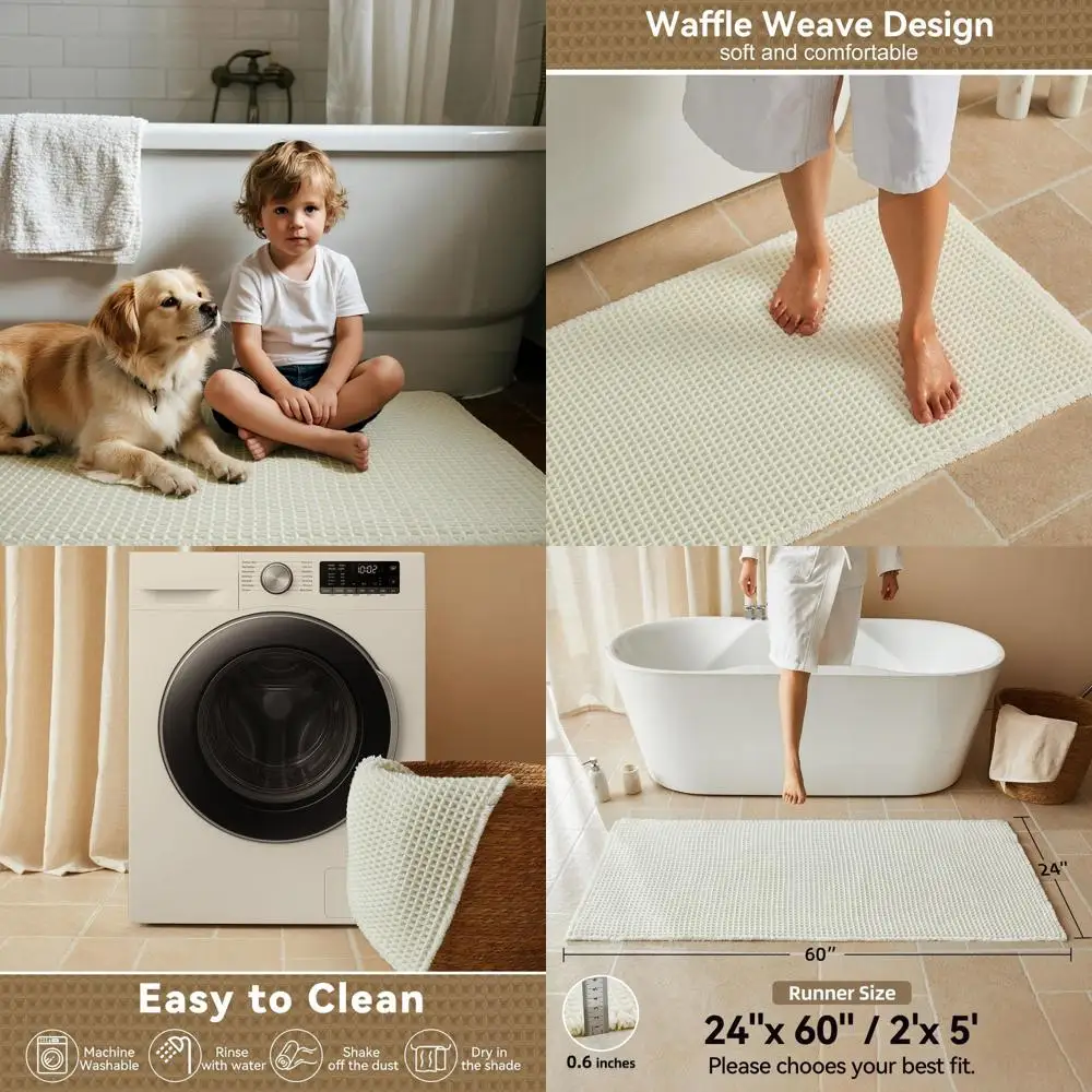 

Мягкий и впитывающий кремово-белый коврик для ванной - 24x60 дюймов, нескользящий, моющийся, длинный ковер для ванной в стиле бохо-ферма