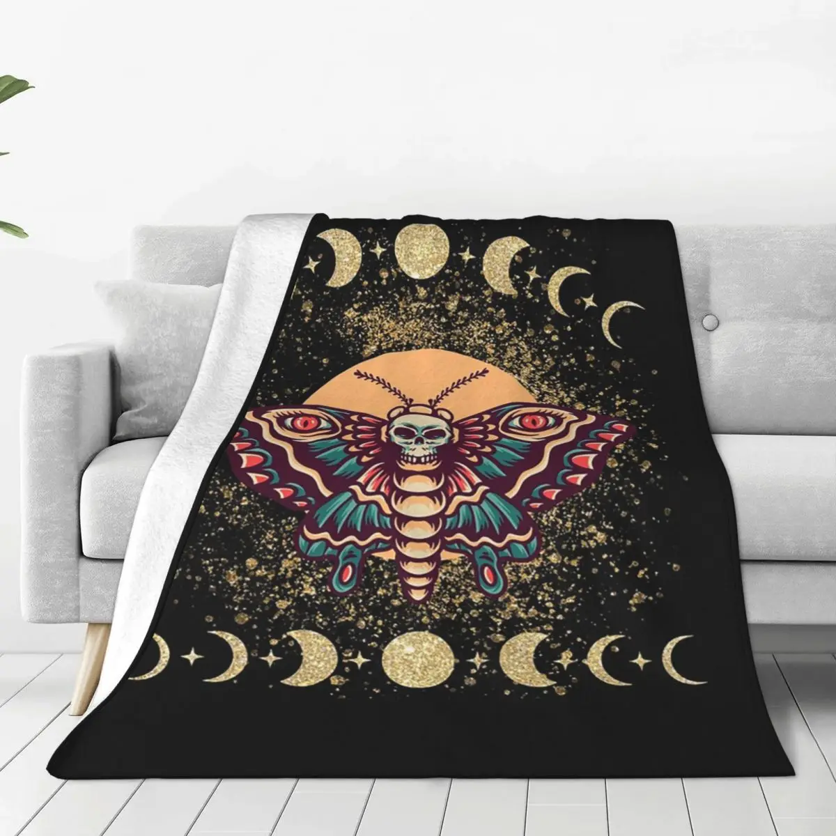 Gothic Moth And Skull Starry Night Blankets Soft Warm Flannel Throw Blanket Plush for Bed Living room Picnic Travel Home Sofa