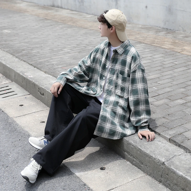 Heren Overhemden Casual Streetwear Jeugdige Geruite Losse Tieners In Japanse Stijl Vitaliteit High Street Lange Mouw Herfst All-Match