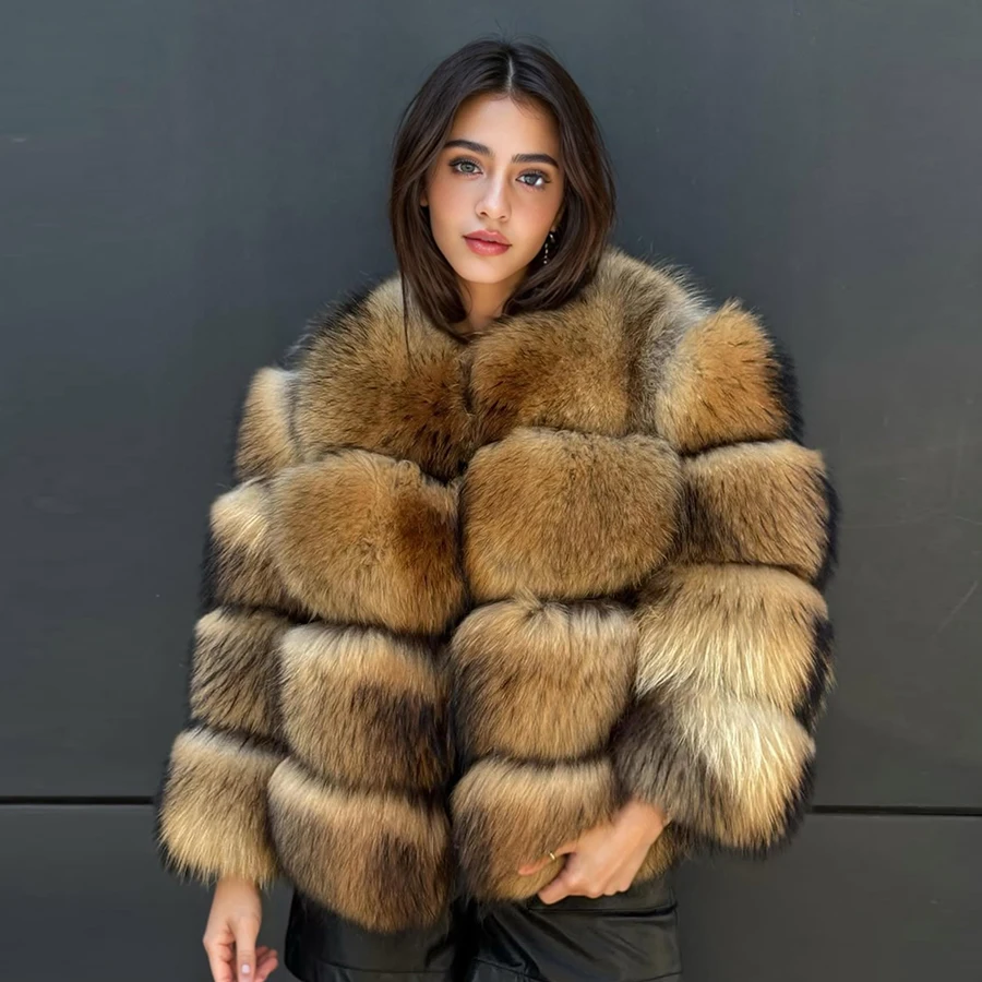 

Пальто без воротника из натурального меха енота, женская куртка-бомбер, модное теплое пальто, укороченная меховая куртка