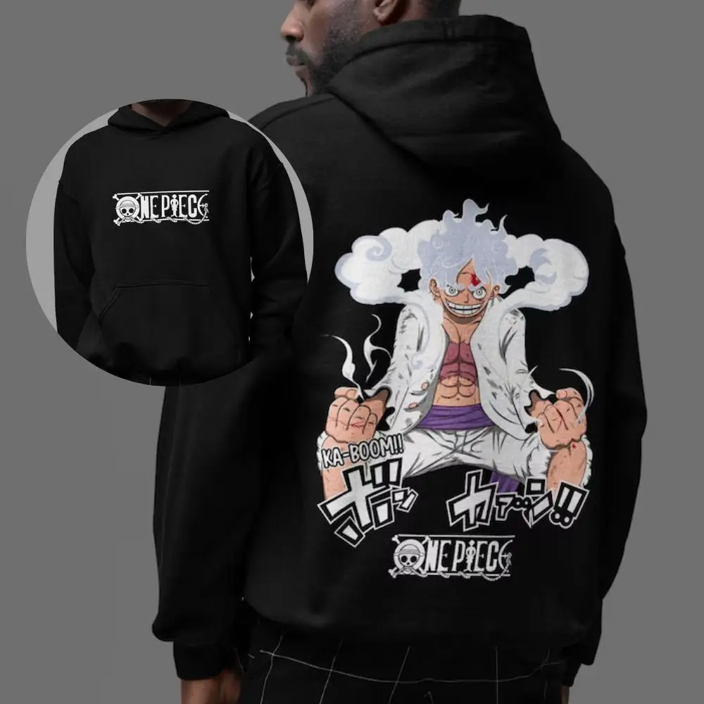 قطعة واحدة غطاء رأس أسود الرجال النساء 2025 الشتاء القطن البلوز والعتاد 5 لوفي نيكا شكل الفضة الشعر تأثير الدخان كا بوم النص