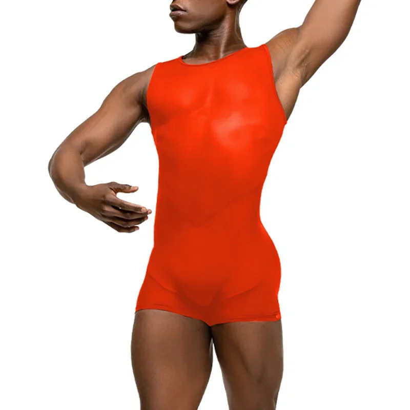 Men Undershirts Leotard Mesh Patchwork Slip Seamless Quick Drying Breathable Bodysuits Yoga Wrestling Singlet Underwear Jumpsuit