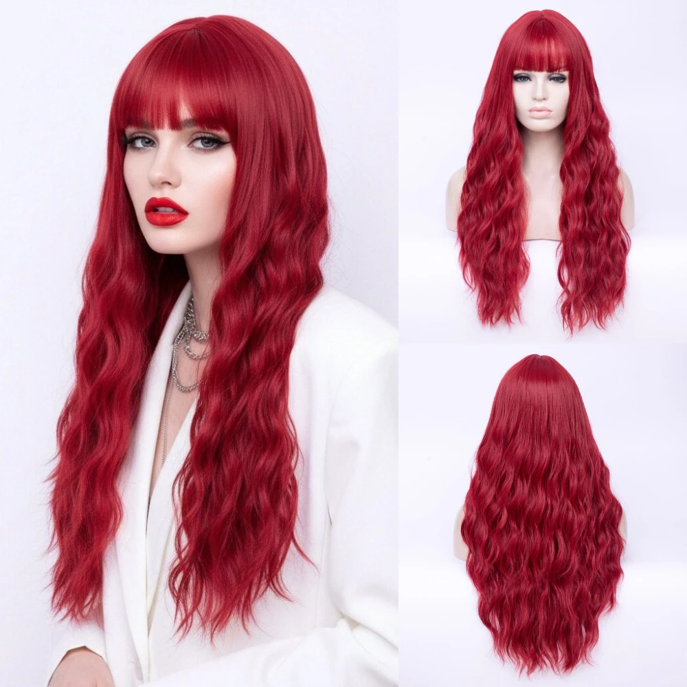 

MSIWIGS Длинный красный синтетический парик для косплея в стиле Лолита с челкой, волнистый, для повседневной носки и вечеринок