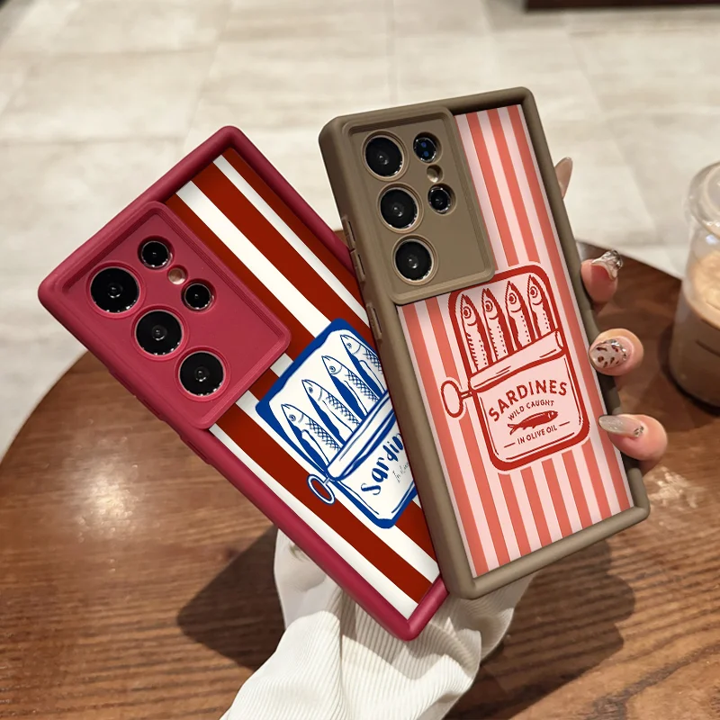 Cartoon Pink Blue Striped Sardines Phone Case for Samsung Galaxy S26 Ultra S25 FE S24+ S23 S22 S21 Plus S26+ S25+ 5G Soft Covers