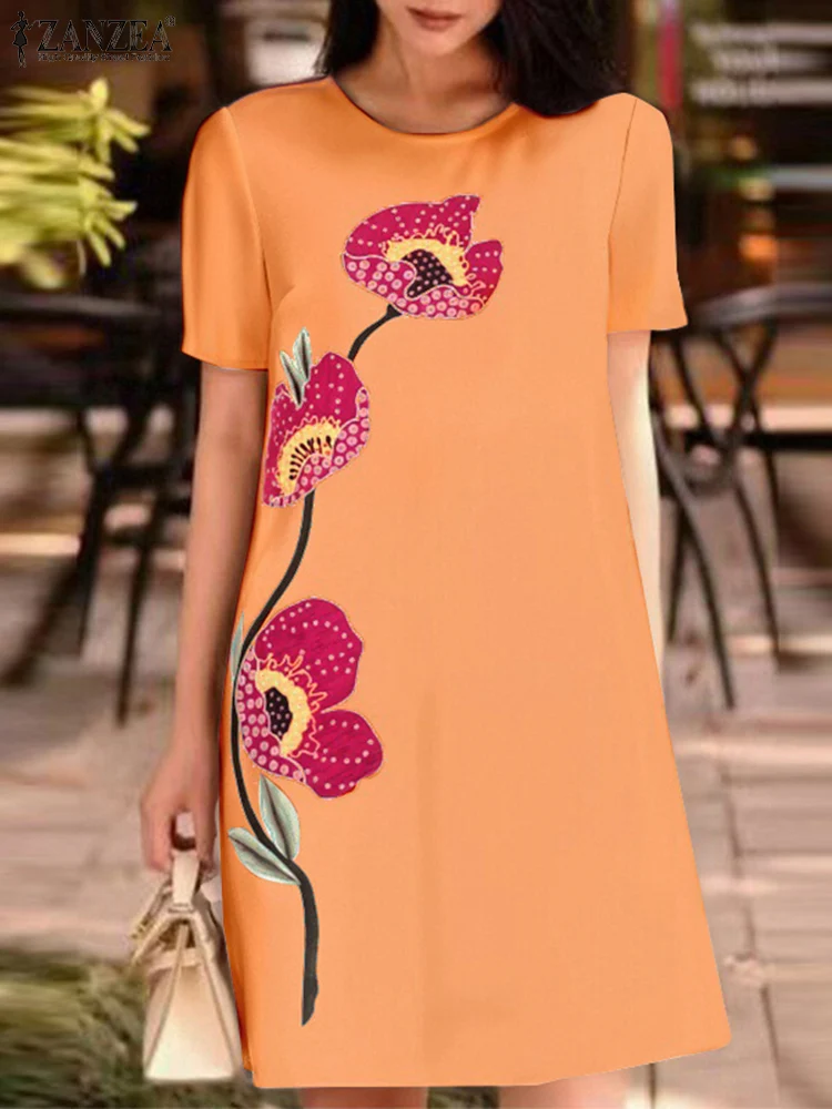 

2025 Simple Loose Floral Printing Sundress ZANZEA Women Knee Length Dress Summer Short Sleeve Vestidos Round Neck Oversize Robe