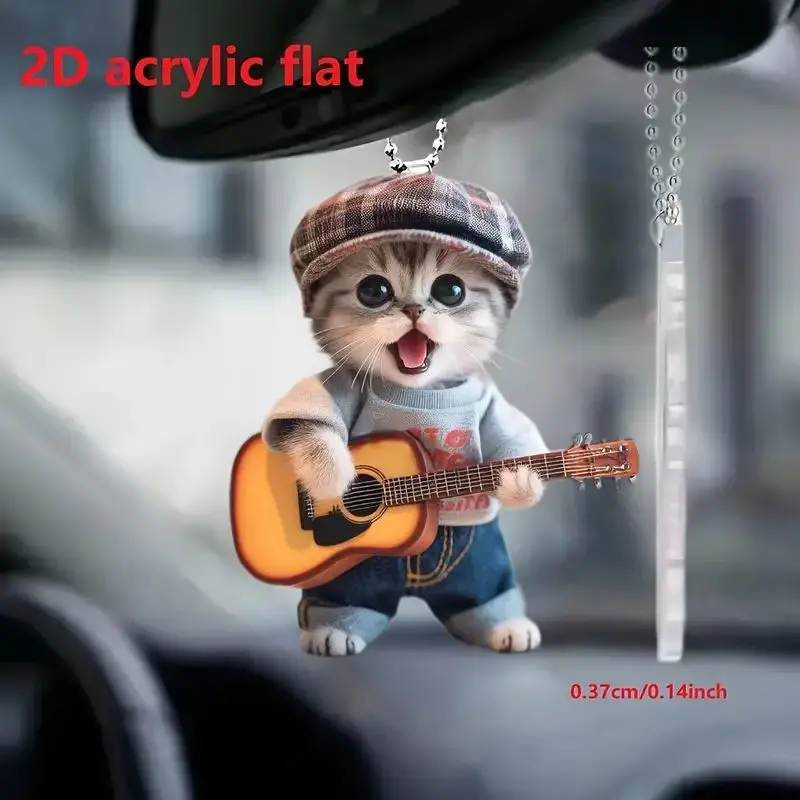 Christmas Gift 2D Flat Cute Cartoon Guitar Kitten Cat Pendant Car Interior Rearview Mirror Decor Backpack Jewelry Accessory Fun