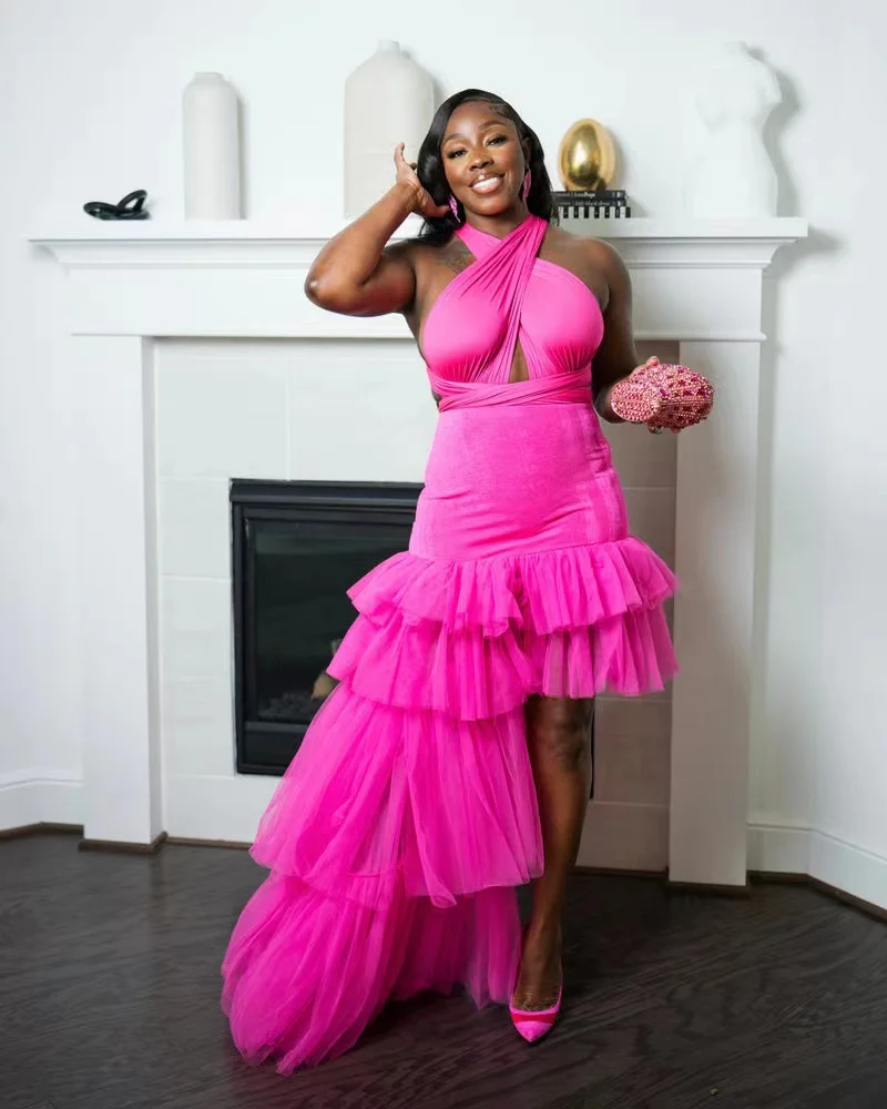 Rosa quente maxi vestido em camadas sem mangas babados halter sexy vestidos de baile sem costas tule vestidos de festa assimétrico até o chão