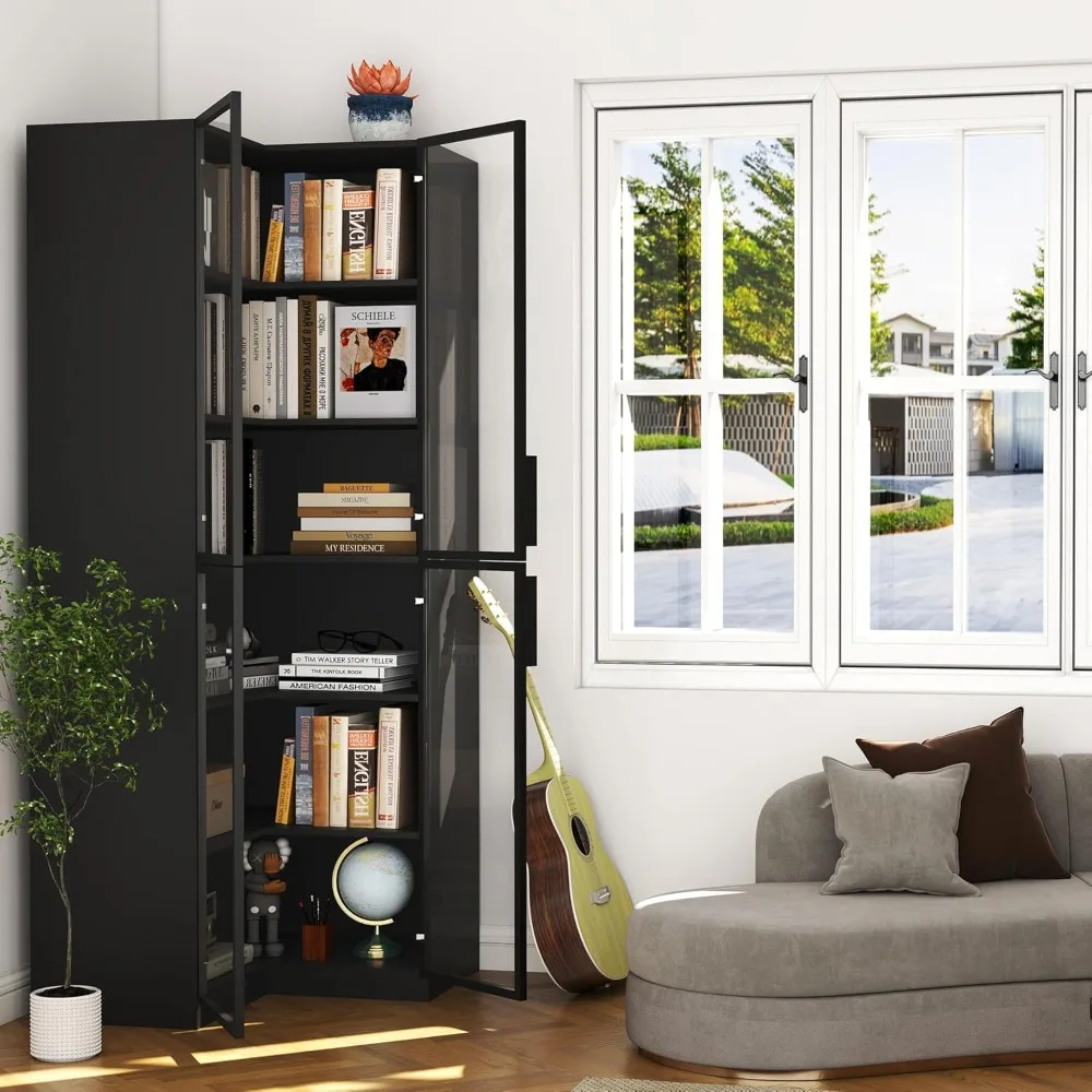 Libreria angolare moderna con ante in vetro: armadio portaoggetti a L, vetrina nera con illuminazione a LED