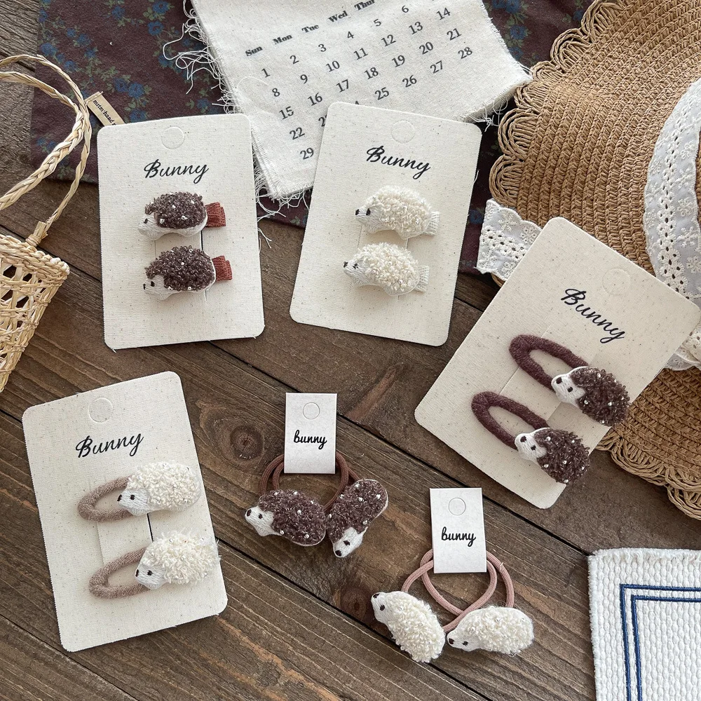 

2pcs/set Baby Girls Cute Hedgehog Hairpin Elastic Coffee Hair Bands BB Clip Rubber for Kids Hair Rope Ties Children Accessories