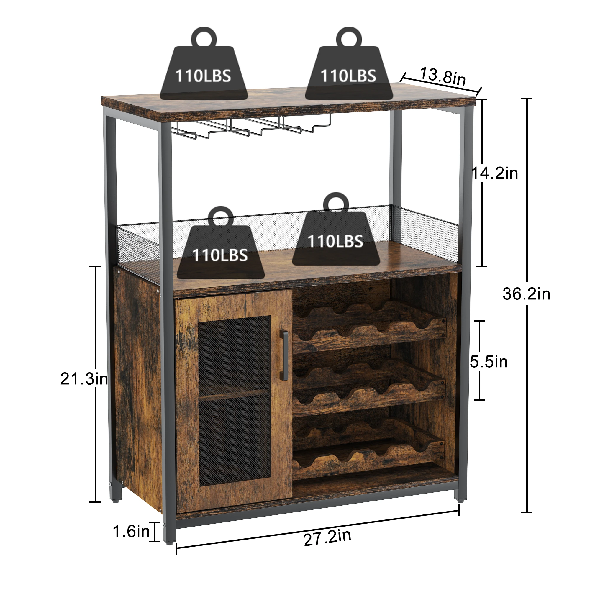 Wine Bar Cabinet with Detachable Wine Rack,Bar Rack Cabinet with Glass Holder and 1 Drawer,Mesh Door,Small Sideboard