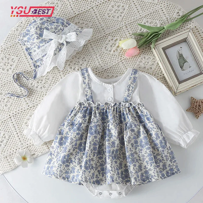 

Autumn Baby Girl Clothes Soft Cotton Newborn Baby Girl Romper Lace Flower Dress +Hat Long Sleeves Romper Fashion Infant Clothing