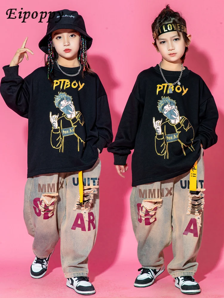 Children's Hip Hop Trendy Clothes Hip Hop Boy Ripped Jeans Hiphop Suit Performance Costume Girl Jazz Costumes