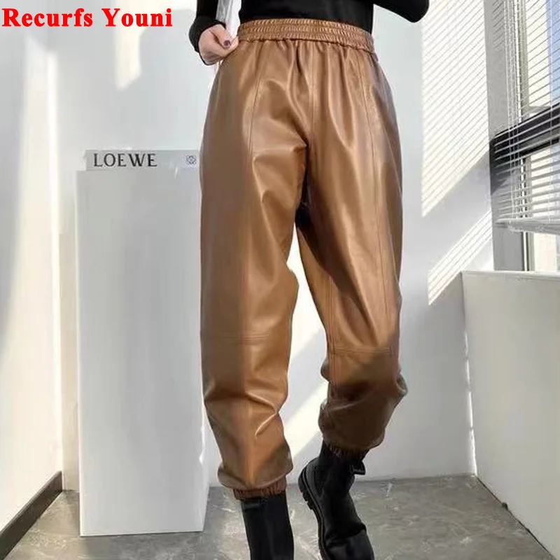 

Leather Cropped Trousers Women Winter Casual Lambskin Elastic Waist Loose Harem Radish Pants Feminino Slim Grunge y2k Overalls