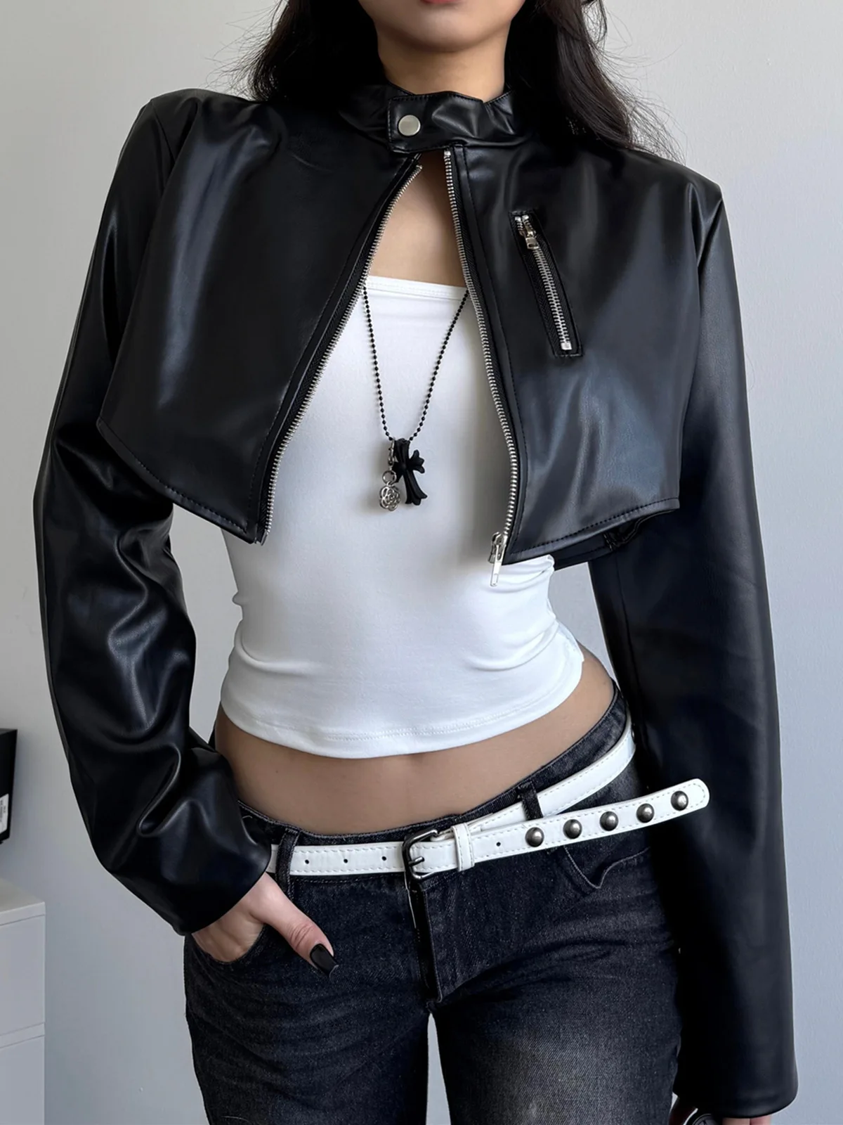 2025 Trendy Crop Top Biker Jacket Women's Stretch Faux Leather Zip Up Jacket  Retro Punk Style Belly-Baring Coat Edgy Street