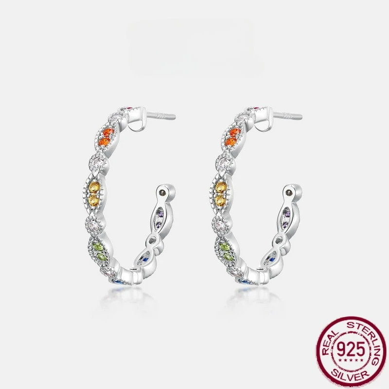 

New S925 pure silver rainbow zircon ring inlaid multi-color earrings European and American style fashionable wedding jewelry