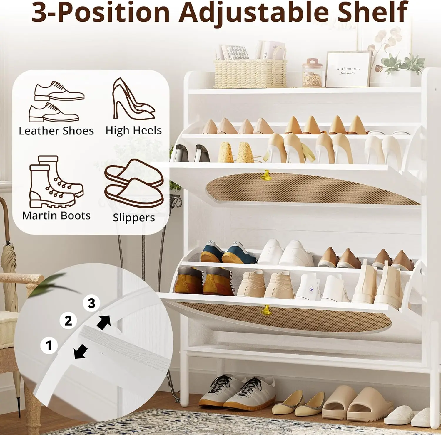 Shoe Cabinet Storage With 2 Flip Drawers, Free Standing Wooden Shoe Storage Organizer Cabinet With Rattan Doors For Entryway,