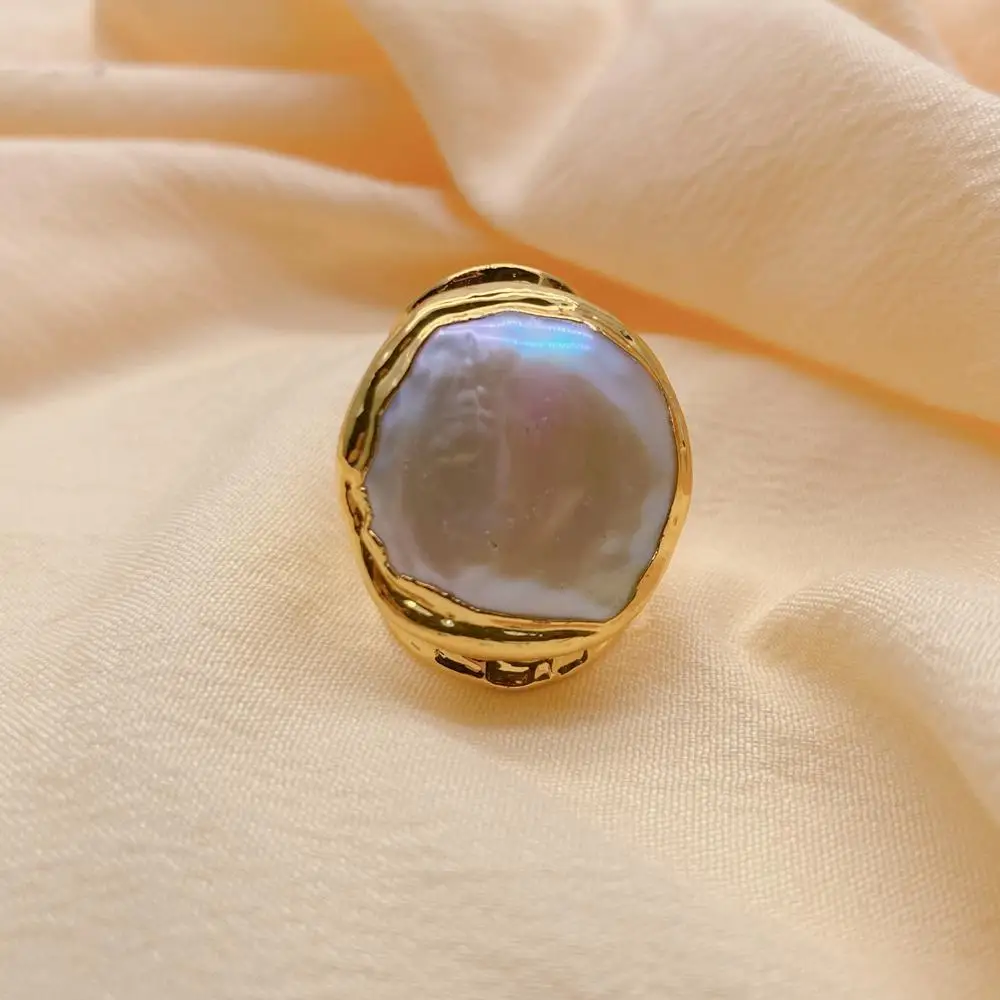 Y·YING Cultured White Baroque Pearl Gold Plated Finger Ring Adjustable Rings For Women Jewelry