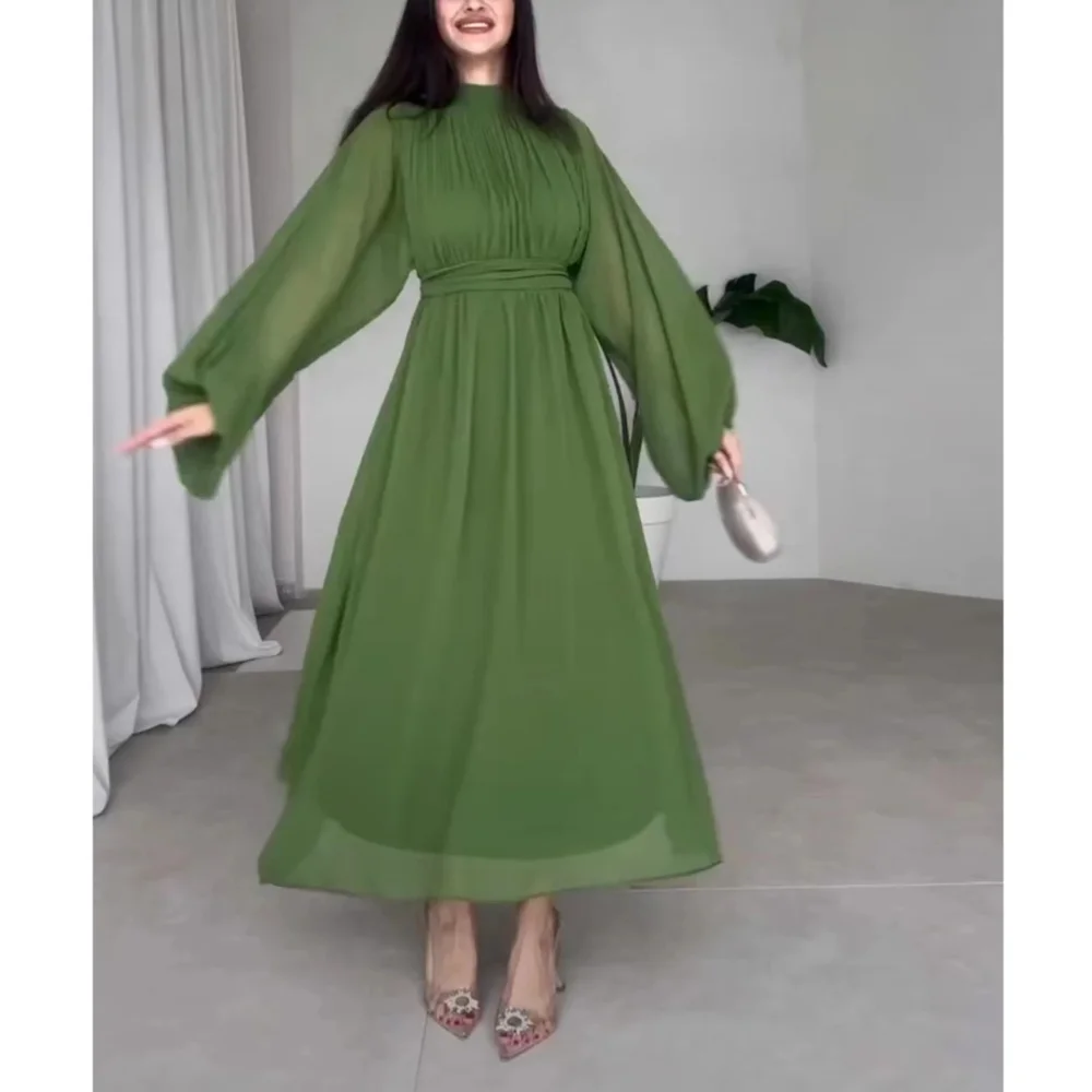 

Classic Long Green O Neck Chiffon Evening Dresses Full Sleeves A Line Tea Length Formal Occasion Dress