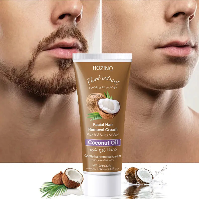 ROZINO Coconut Oil Hair Removal Cream has a smooth, creamy texture and can completely cover body hair when applied. The product contains coconut oil and is applied evenly to the skin. After letting it sit for a while, wipe off the hair. After rinsing, the skin feels smooth to the touch. It is suitable for use on various areas of the body, including the limbs and underarms.