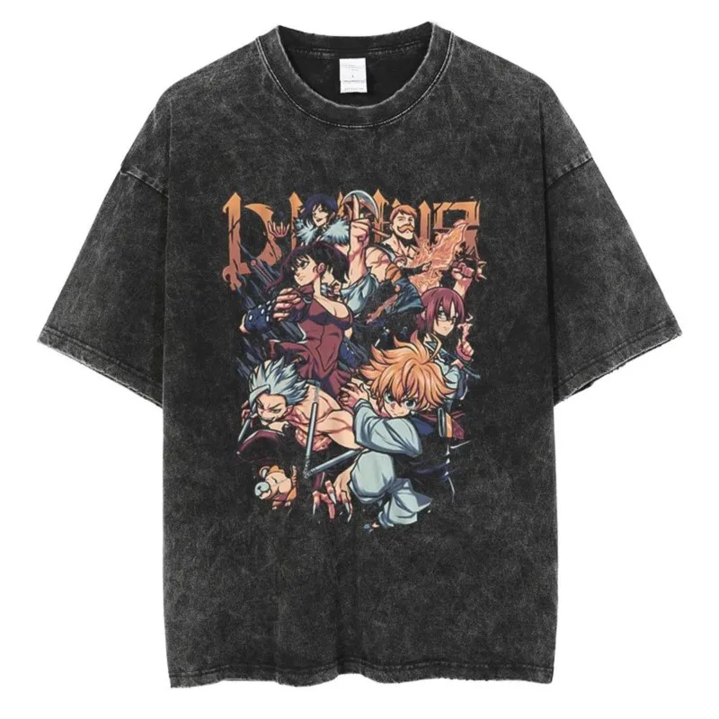 Camiseta Gráfica Vintage Lavada con Personajes del Grupo Seven Deadly Sins, Unisex, Oversized, Estilo Anime Streetwear, Manga Corta