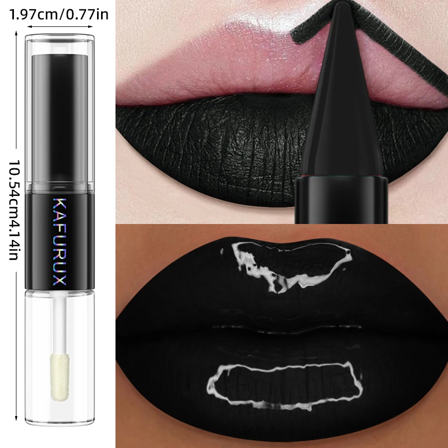 Black Matte 2 In 1  Double Head Lipstick Lip Coat Set Waterproof Coat 24HR Korean Makeup Gifts High Pigment Lip Tint Plumper