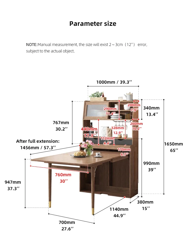 Modern Folding Extend Cabinet Foldable Dining Table Adjustable Ash Wooden Dining Room Furniture Set