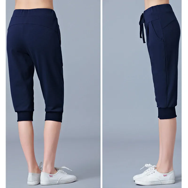 Women Blue High-waisted Stretch Cropped Pants, Summer Gray Lightweight Athletic Harem Pants, Black Drawstring Shorts.