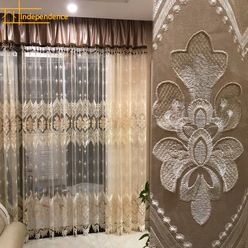 New European-style Three-dimensional Embossed Gold Embroidered Gauze Curtains for Living Room Bedroom Finished Valance