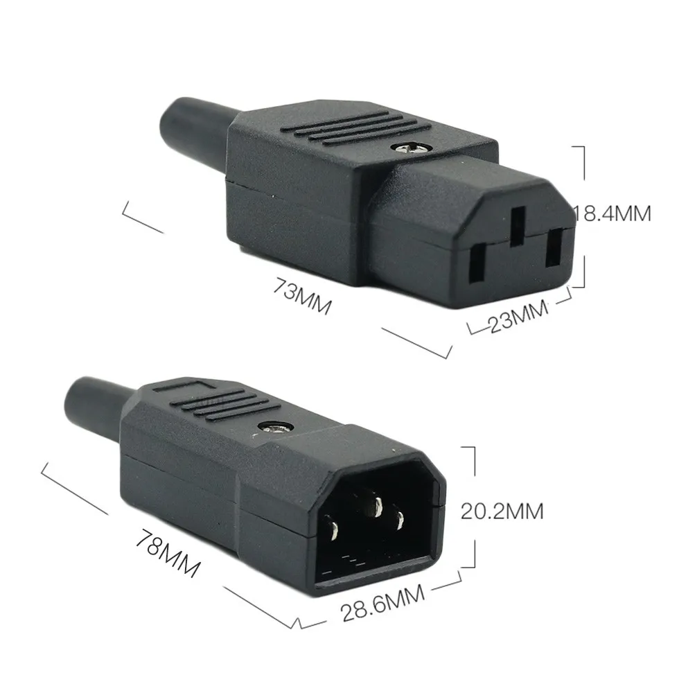 IEC Straight Cable Plug Connector C13 C14 10A 250V  Black female&male Plug Rewirable Power Connector 3 pin AC Socket