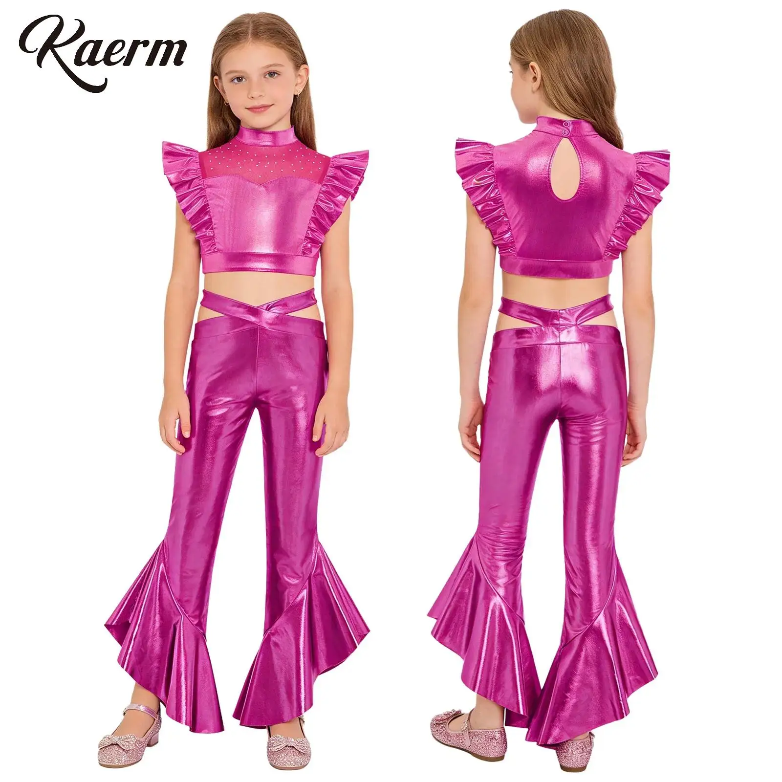 

Kids Girls 70S Disco Hippie Costume Singer Jazz Dance Outfit Rhinestones Mesh Metallic Crop Top with Shiny Ruffles Flared Pants