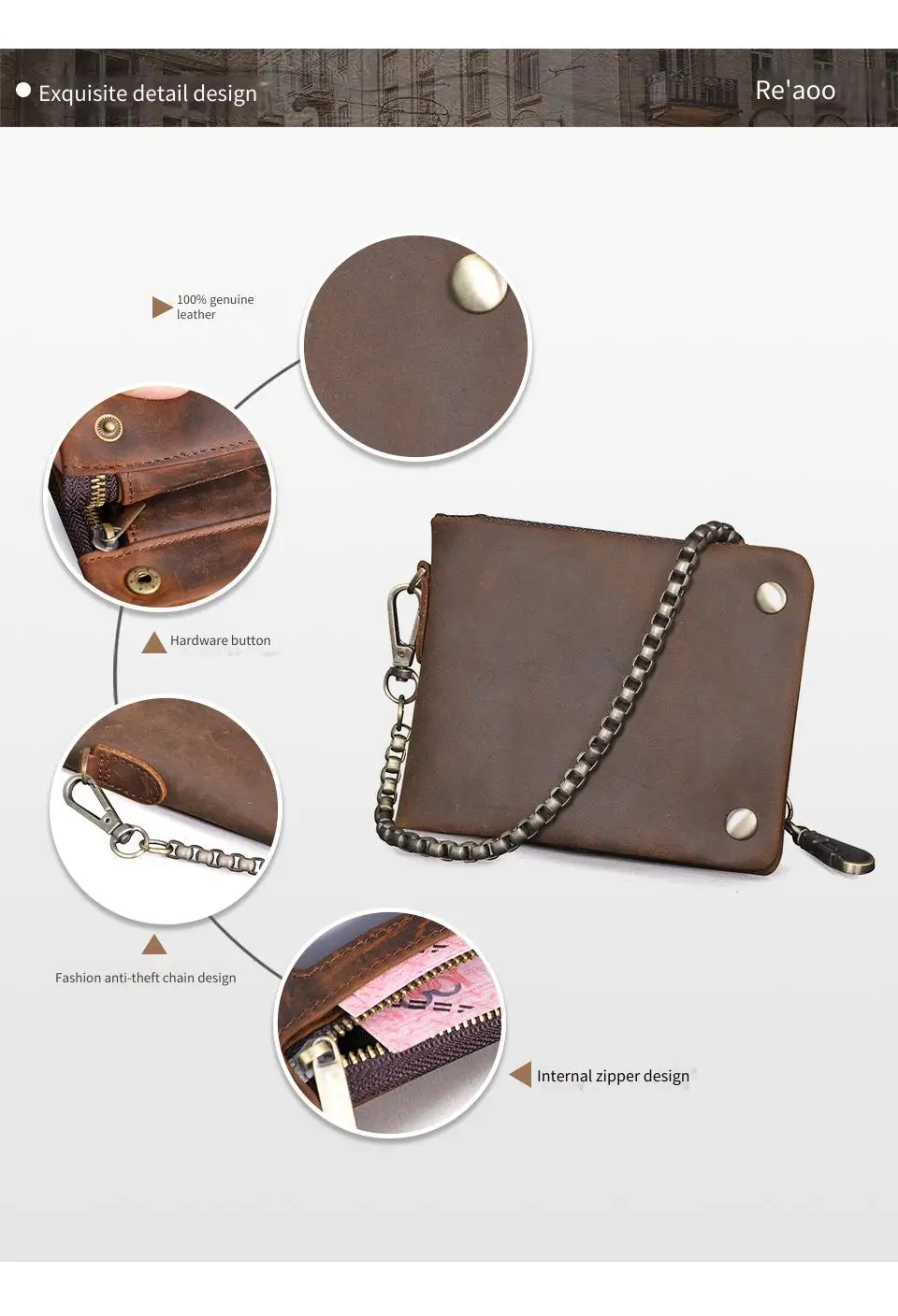 YETTIES Herren-Pull-Up-Geldbörse aus genarbtem Leder, kurzer Bifold-Reißverschluss mit abnehmbarer Kette, praktische Retro-Clutch für Herren – Detail 2