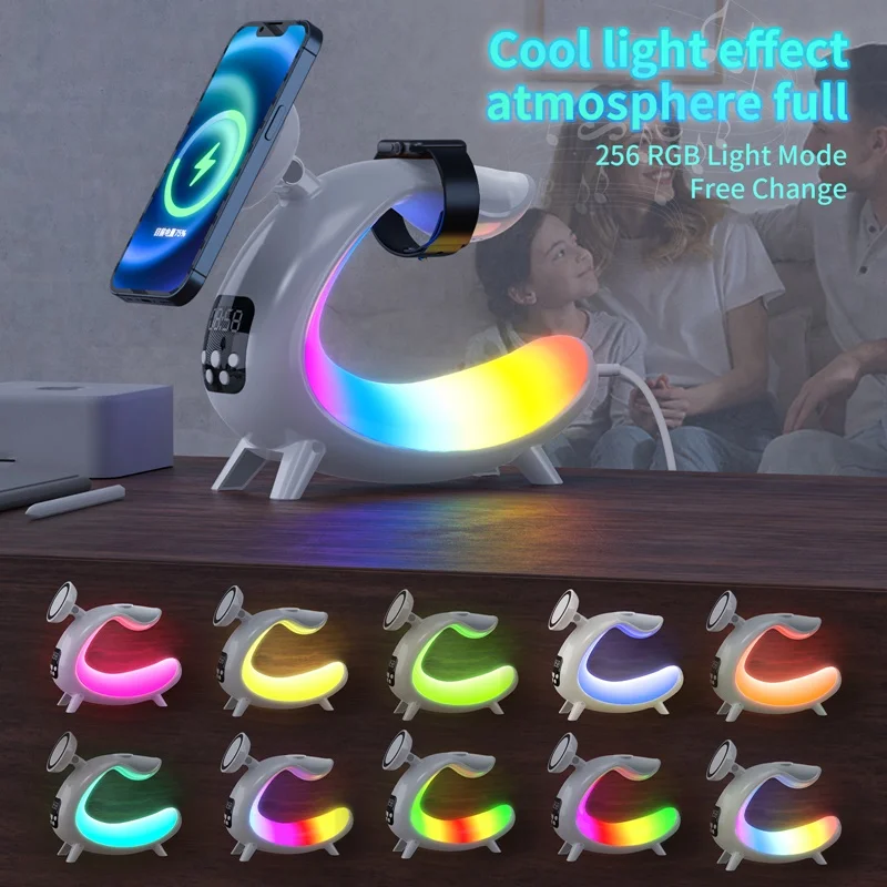 Multifunctional Magnetic Wireless Charger Alarm Clock Speaker RGB Night Light Charging Station for Iphone 11 12 13 14 15 Samsung