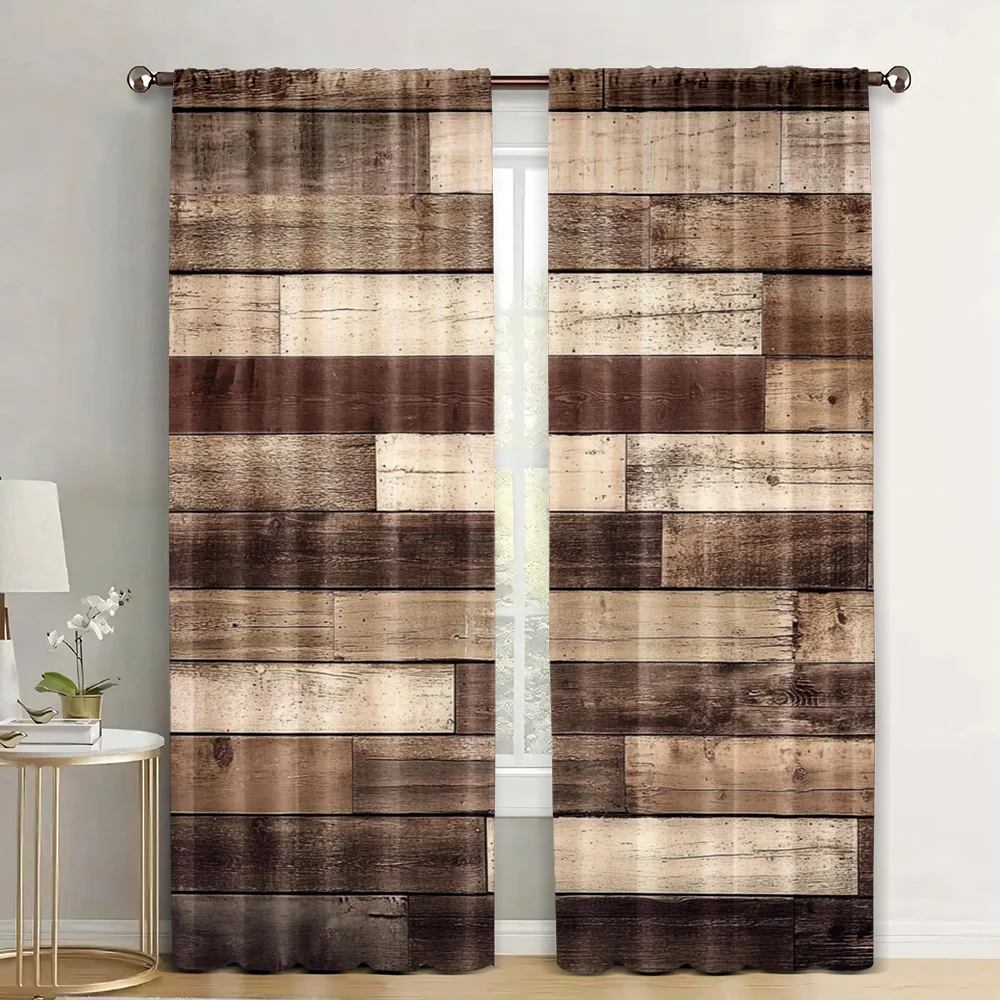 2Pcs Wooden Curtains Wall Floor Textured Planks Panels Art Grain Cottage Lodge Hardwood Pattern Window Drapes_ai5