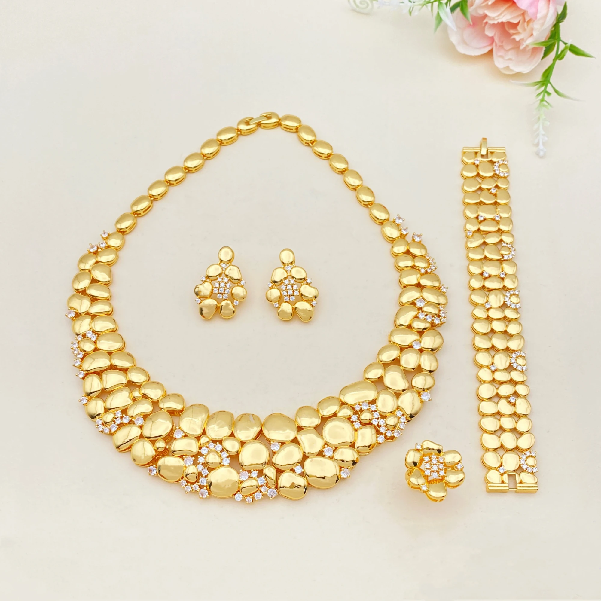 

Flora Design Women's Classic 4Pcs Set Trendy Brass Zircon Jewelry Gold Plated Bracelet Ring Necklace Earrings Perfect Decoration