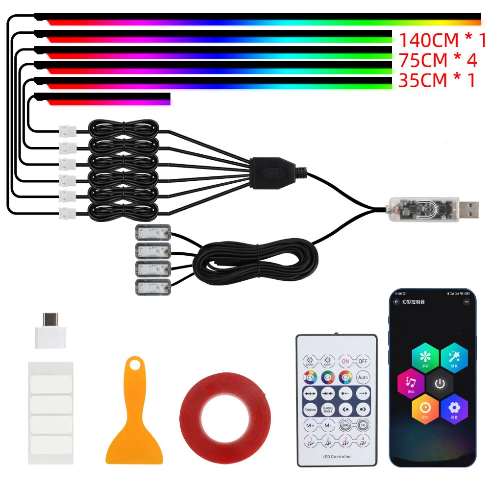 

6/10 in 1 Car LED Ambient Light Symphony Acrylic Guide Fiber Optic Remote Control Atmosphere Lamp Center Console Styling Decor
